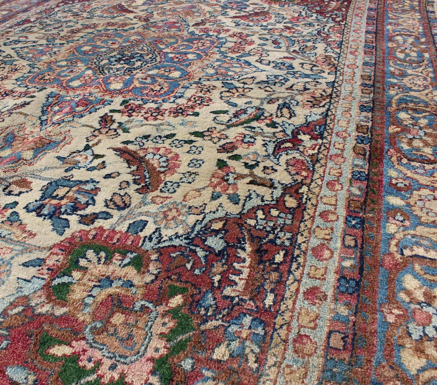 Hand-Knotted Detailed Antique Persian Lavar Kerman Rug with Floral Design in Ivory Background For Sale