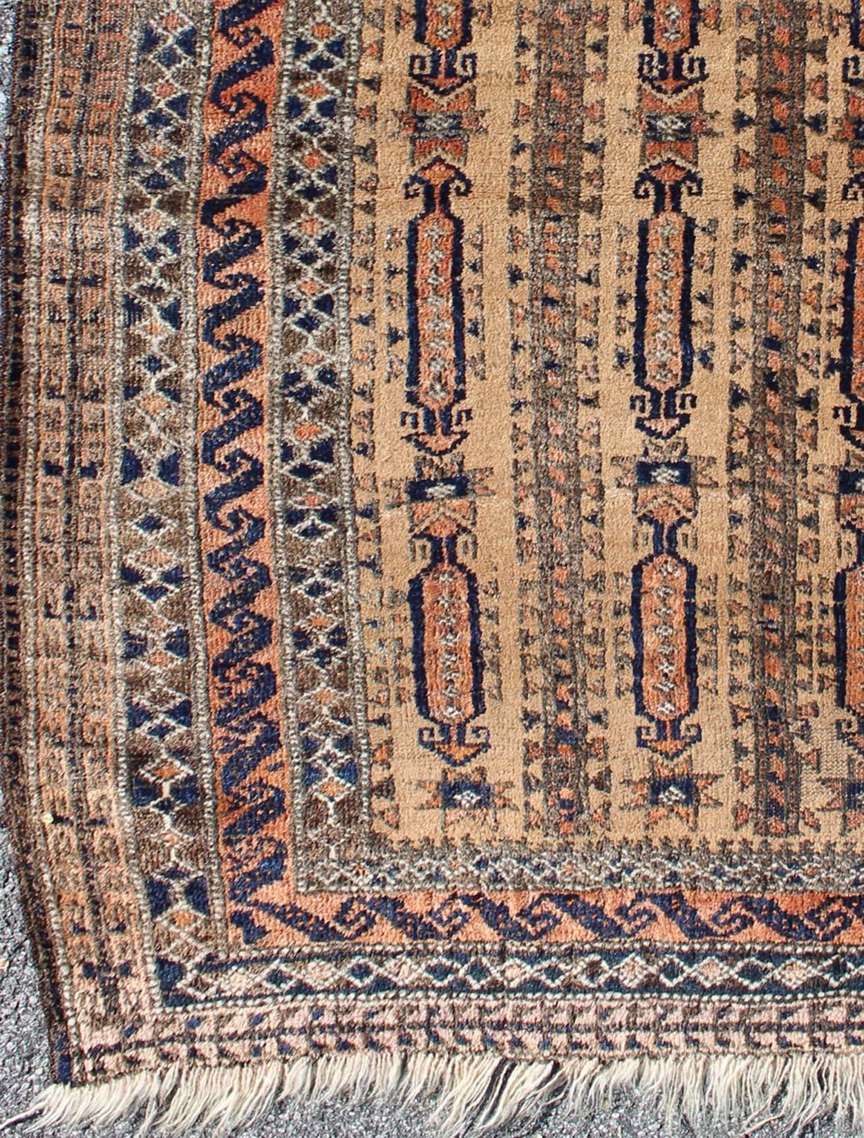 Antique Afghan Baluch Prayer rug in Shades of brown, tan, cream and burnt orange, rug ebd-1021, country of origin / type: Afghanistan / Tribal, circa 1900

This impressive and complex antique Afghan Baluch prayer rug (circa 1900) features an