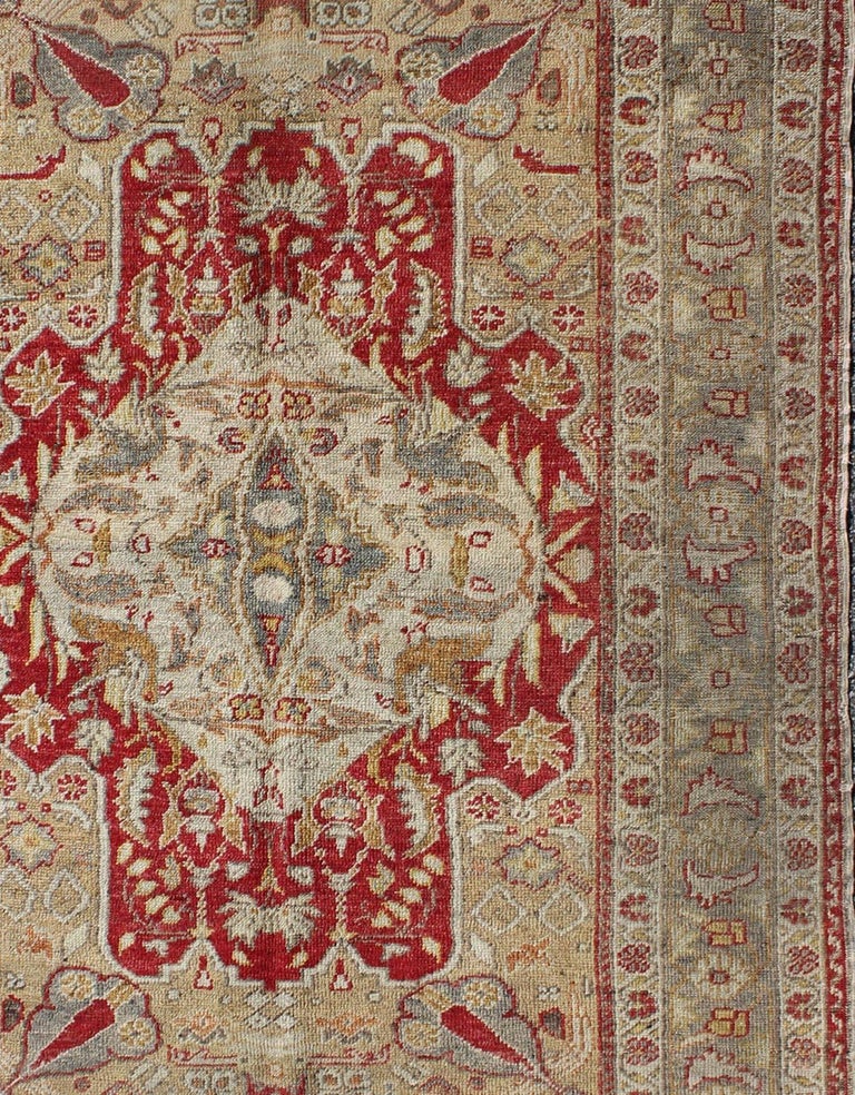 Antique Turkish Oushak Rug with Layered Floral Medallion in Red and