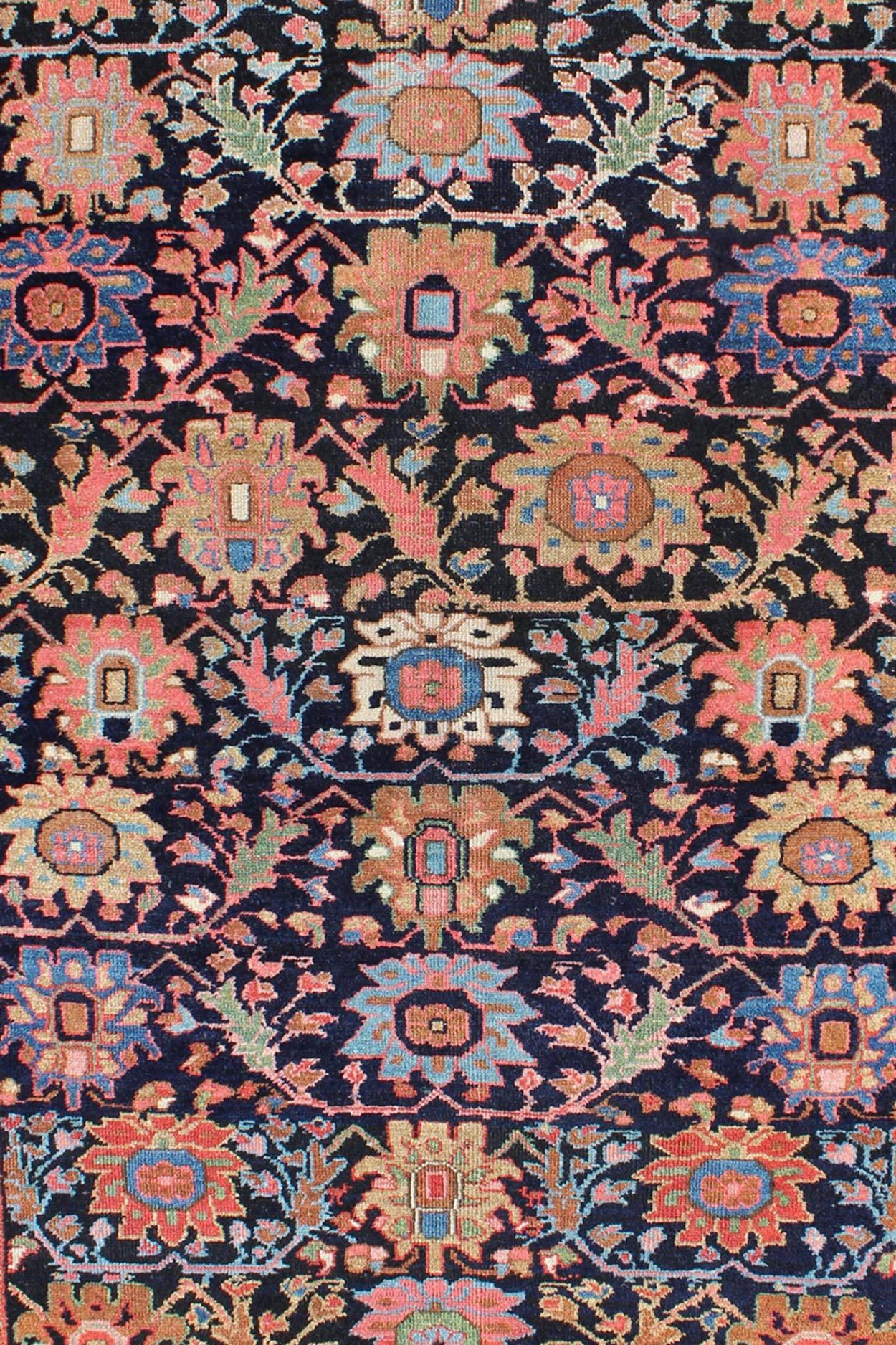 Hand-Knotted Antique Persian Malayer Rug with Large Floral Motifs in Navy and Multi Colors For Sale