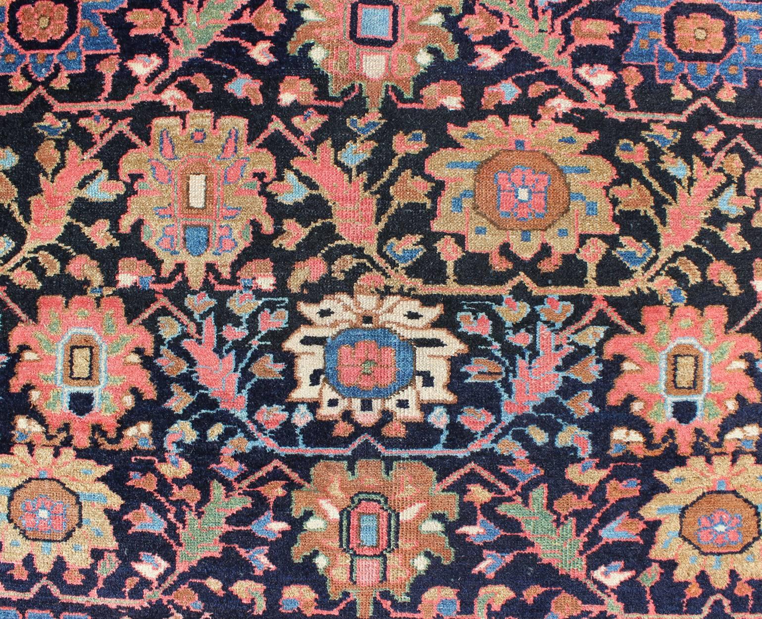 Wool Antique Persian Malayer Rug with Large Floral Motifs in Navy and Multi Colors For Sale