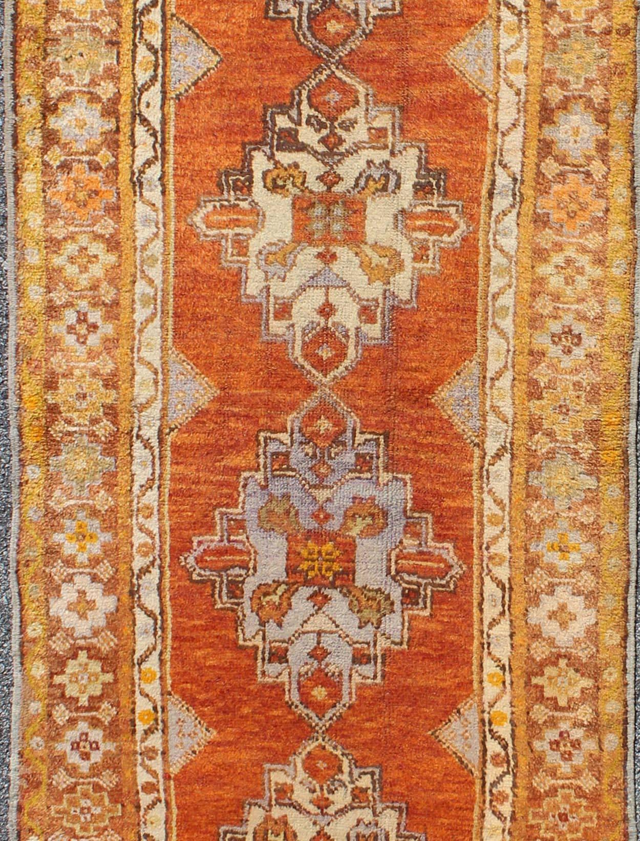 Antique Turkish Oushak Runner with Geometric Diamond Medallions In Excellent Condition For Sale In Atlanta, GA
