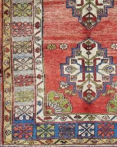 Green, Blue and Red Vintage Turkish Oushak Rug with Three Geometric Medallions