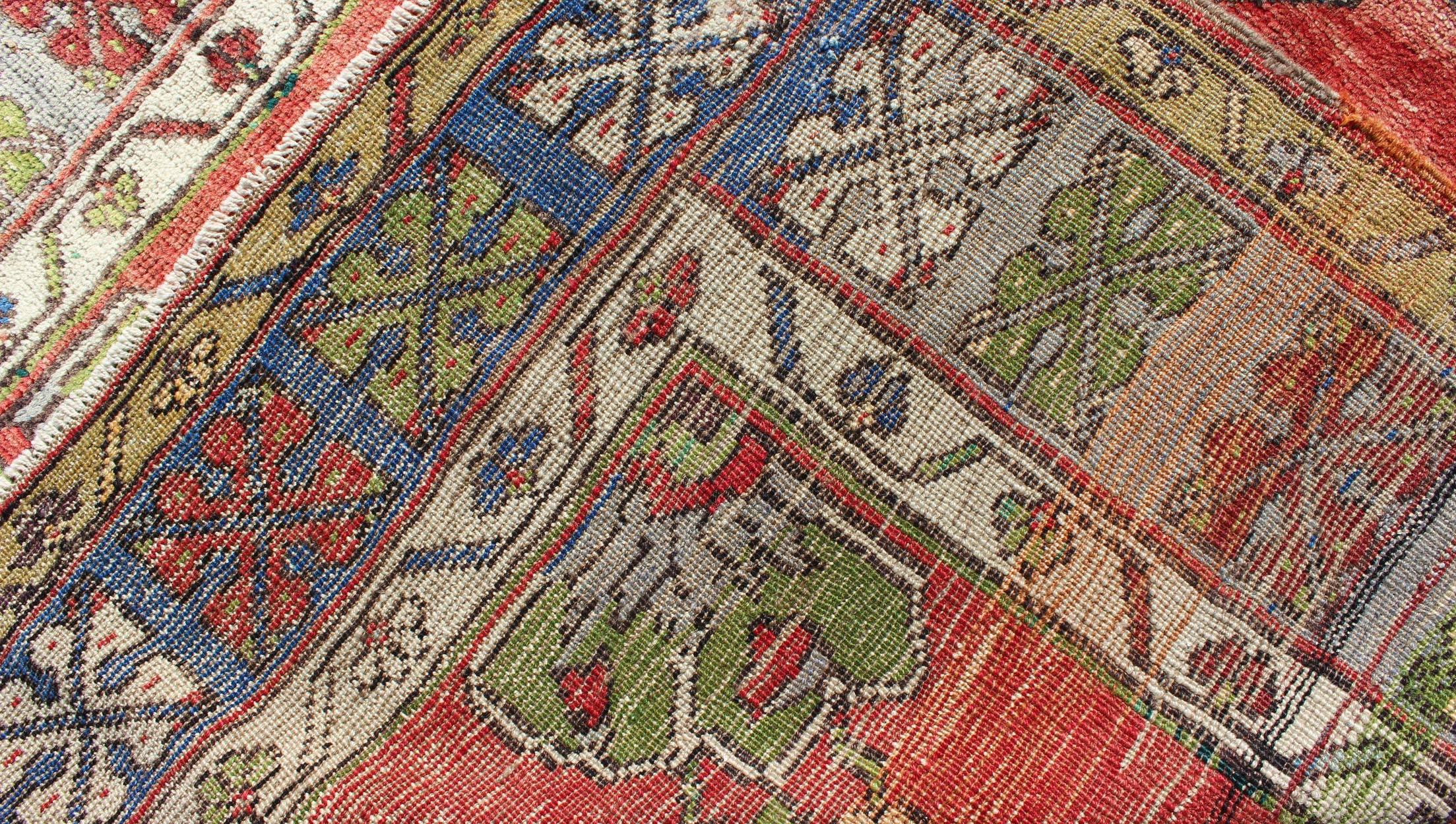 Green, Blue and Red Vintage Turkish Oushak Rug with Three Geometric Medallions For Sale 1