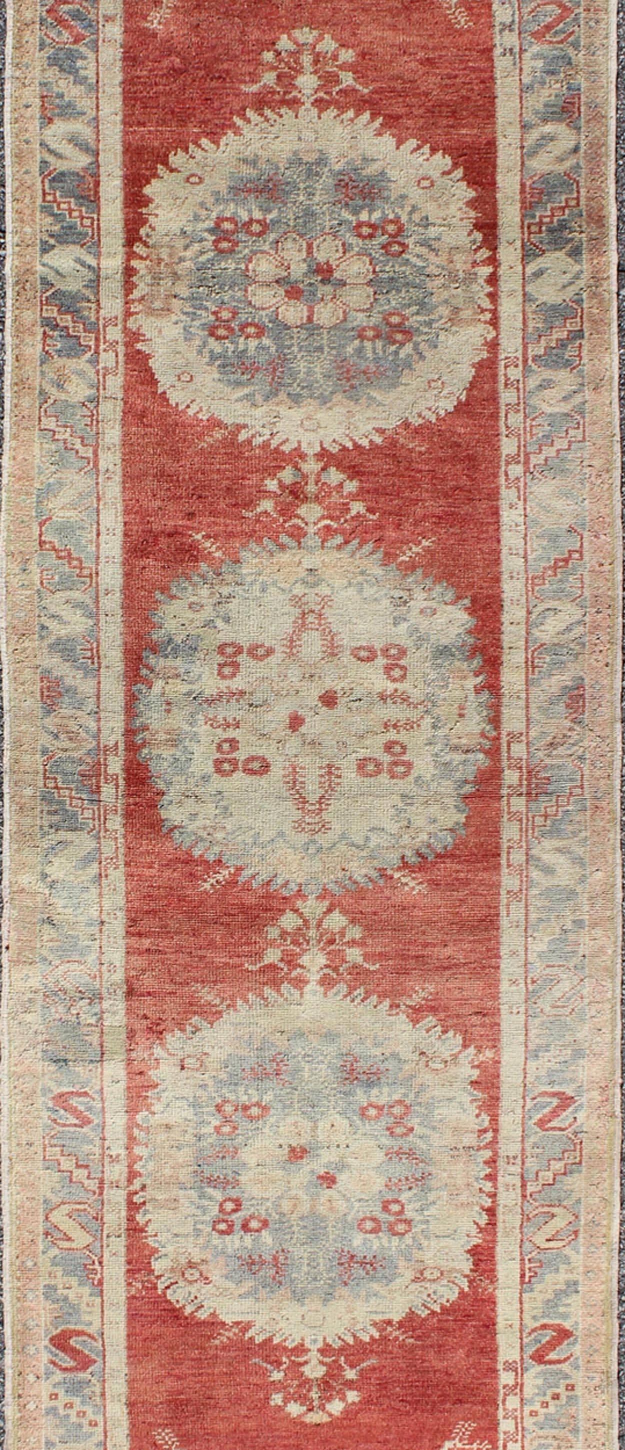 Hand-Knotted Vintage Turkish Oushak Runner with Three Floral Medallions in Red, Ivory, Grey