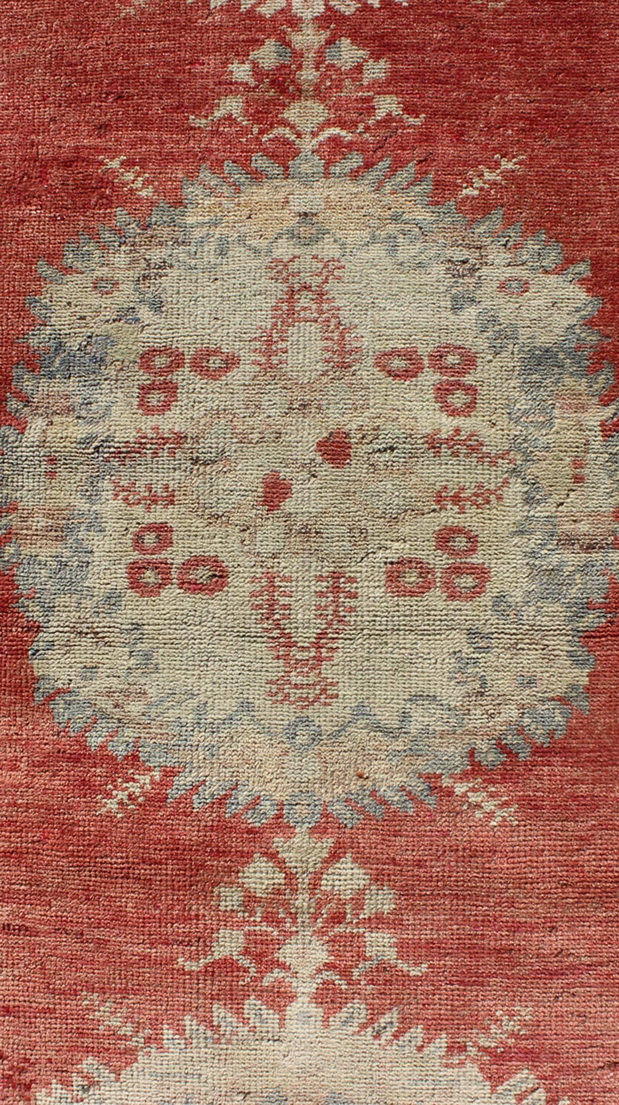 Wool Vintage Turkish Oushak Runner with Three Floral Medallions in Red, Ivory, Grey