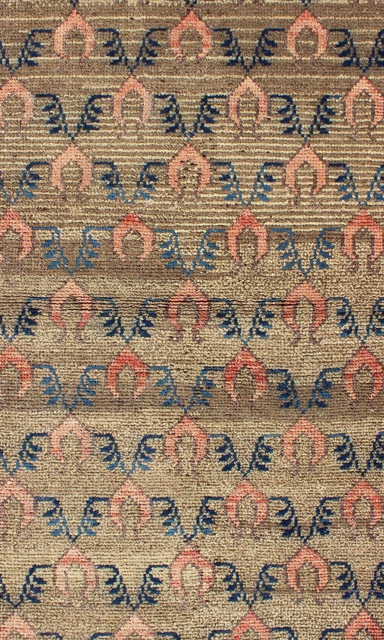 Light Brown, Salmon and Navy Turkish Tulu Vintage Rug with Latticework ...