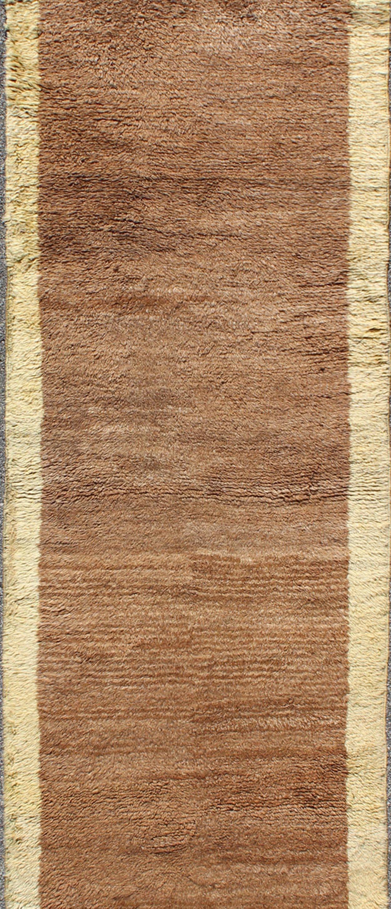 Hand-Knotted Mid-Century Modern Turkish Tulu Rug with Open Brown Field and Cream Border