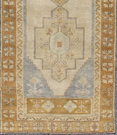 Chartreuse, Taupe and Ivory Vintage Turkish Oushak Runner with Three Medallions