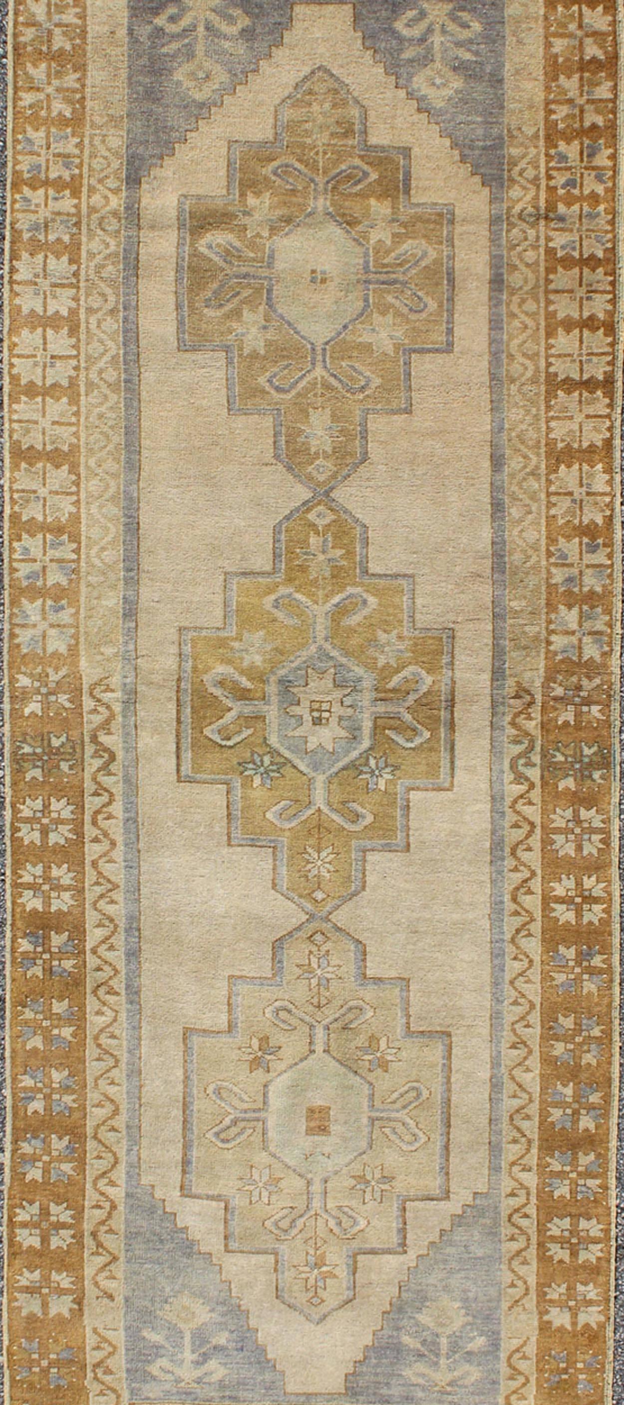 Hand-Knotted Chartreuse, Taupe and Ivory Vintage Turkish Oushak Runner with Three Medallions