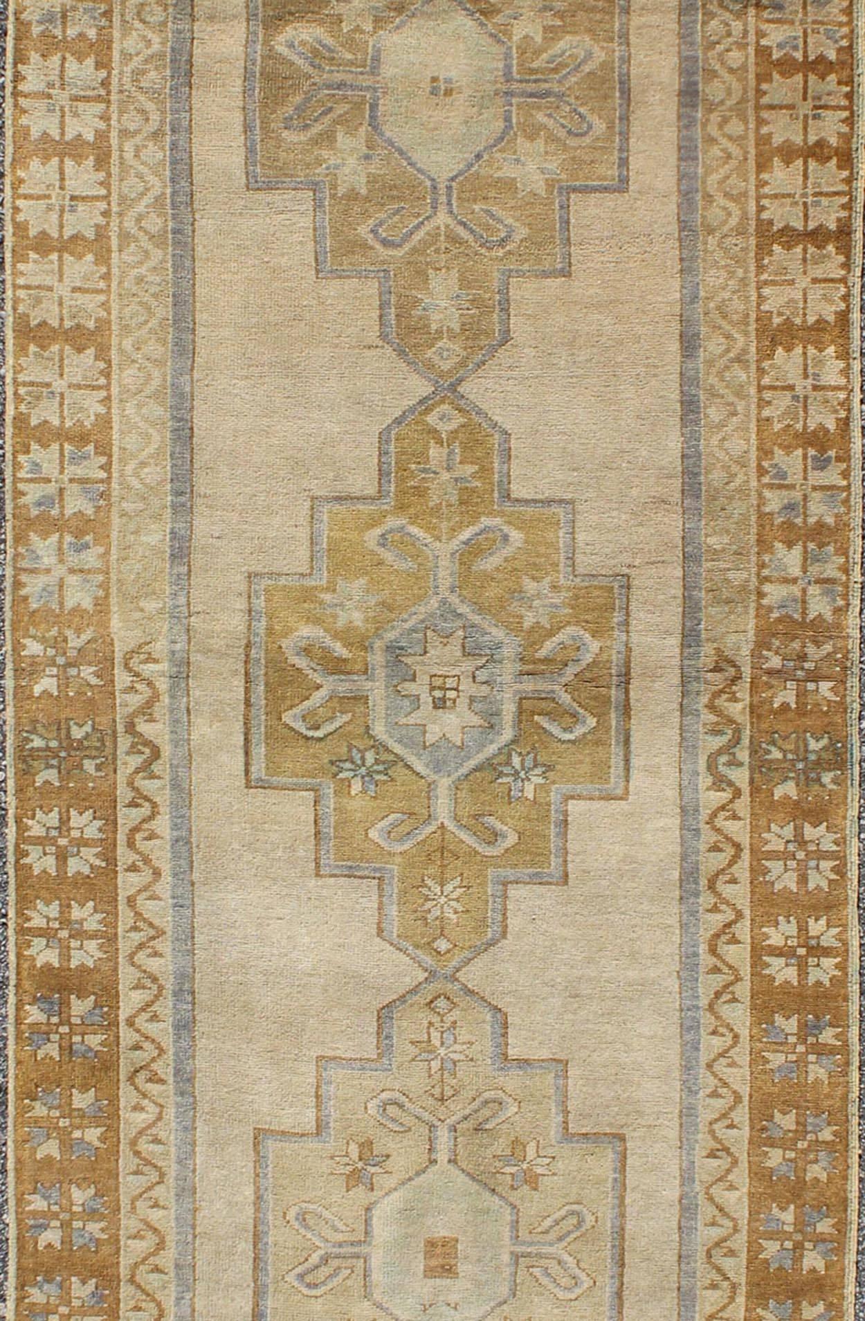 Chartreuse, Taupe and Ivory Vintage Turkish Oushak Runner with Three Medallions In Excellent Condition In Atlanta, GA
