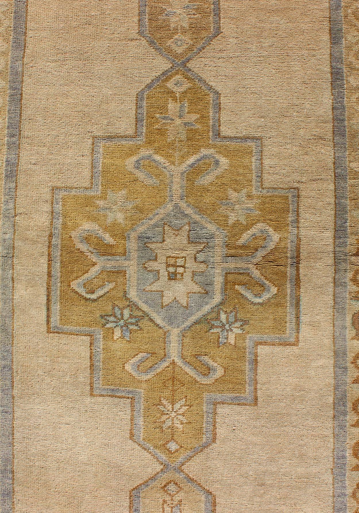 Wool Chartreuse, Taupe and Ivory Vintage Turkish Oushak Runner with Three Medallions