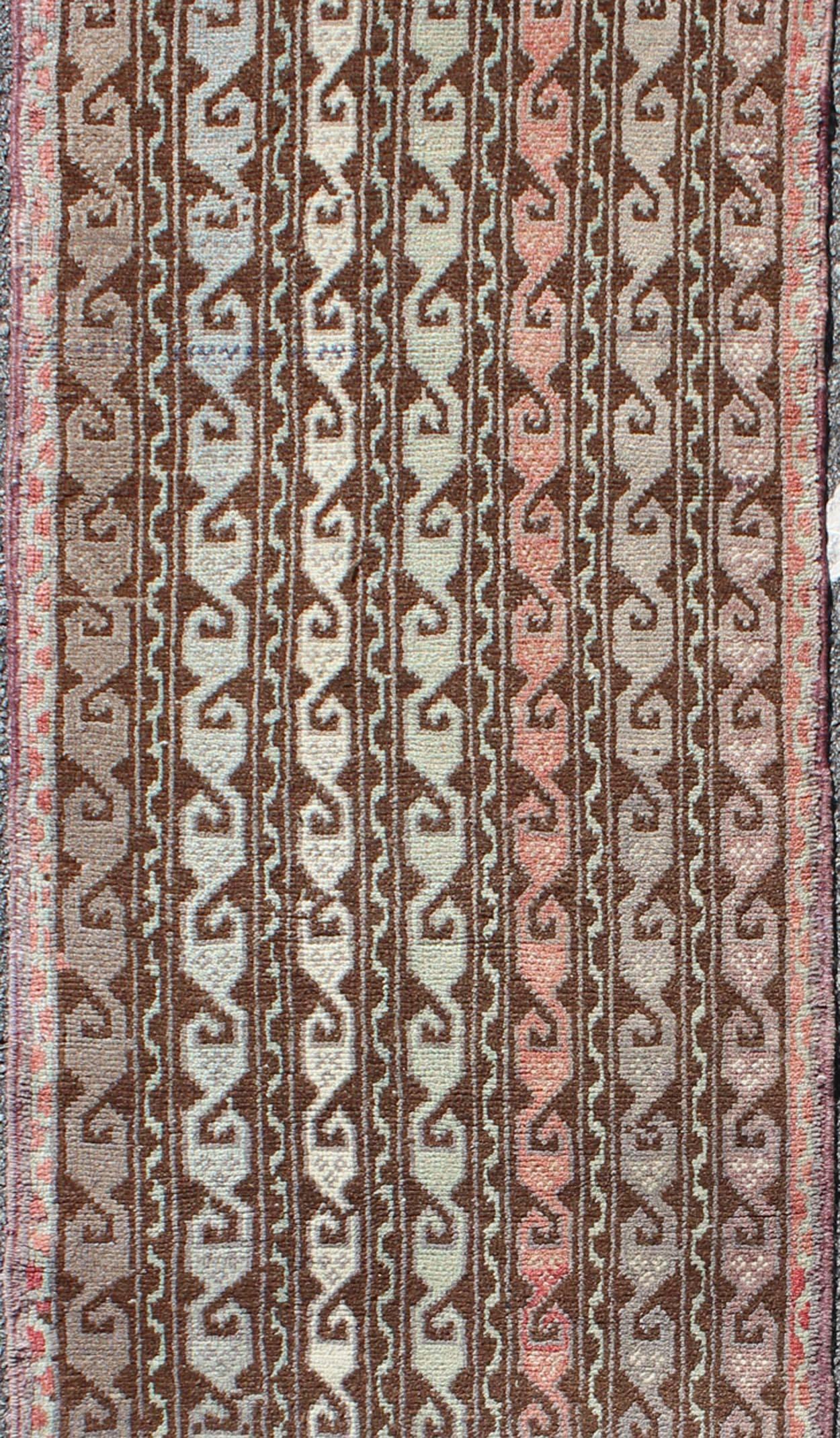 Brown and Pastel-Colored Vintage Turkish Oushak Runner with Vining Geometrics In Excellent Condition For Sale In Atlanta, GA
