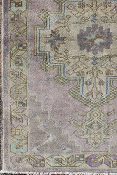Stylized Medallion Design Vintage Turkish Oushak Rug in Lavender and Cream