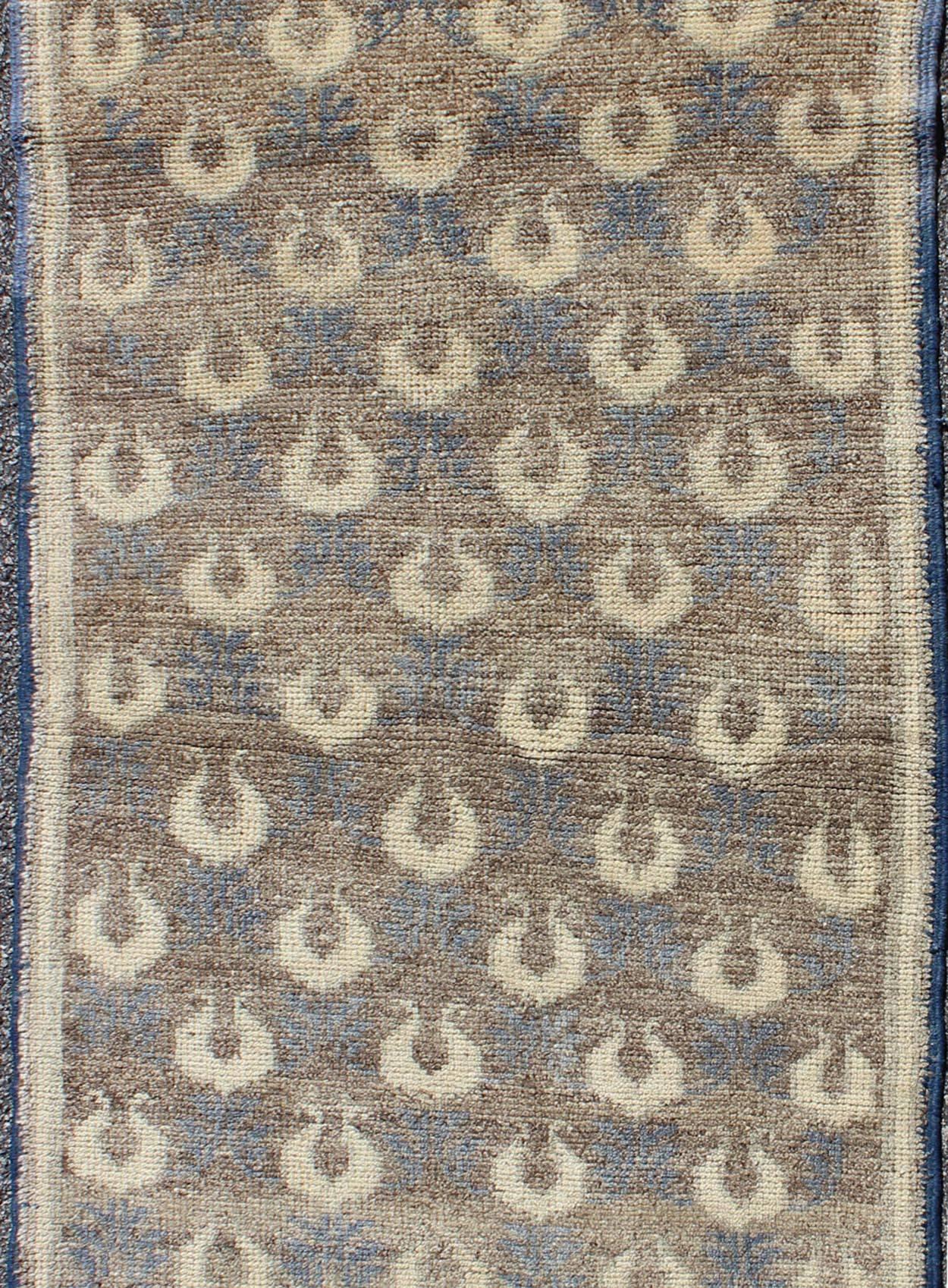 Hand-Knotted Light Brown, Gray-Blue, and Cream Turkish Tulu Vintage Rug with Latticework For Sale