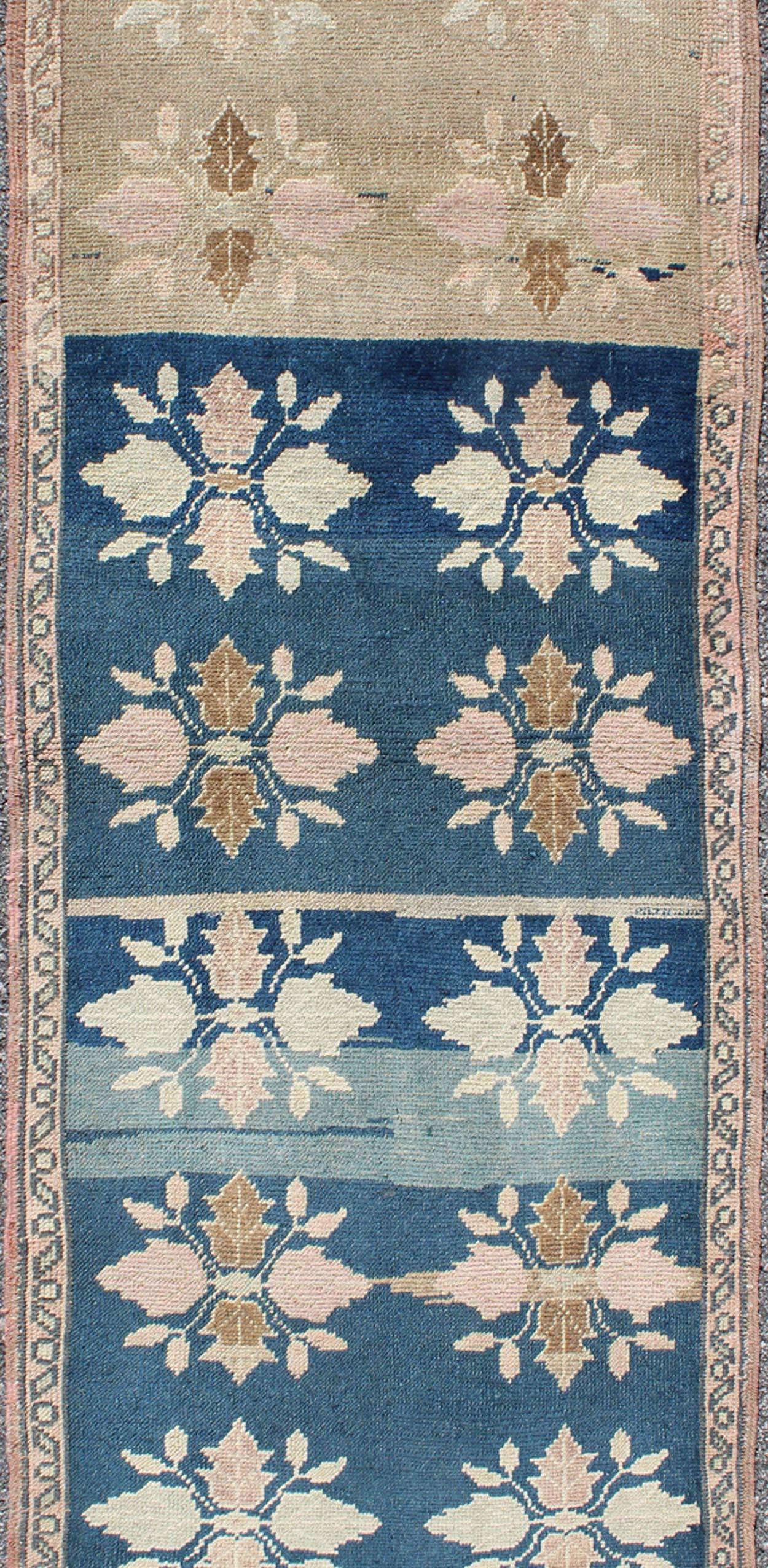 Hand-Knotted Multi-Medallion Floral Midcentury Turkish Oushak Runner in Blue and Pink