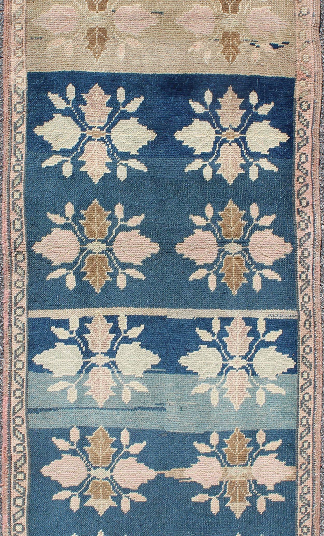 Multi-Medallion Floral Midcentury Turkish Oushak Runner in Blue and Pink In Good Condition In Atlanta, GA