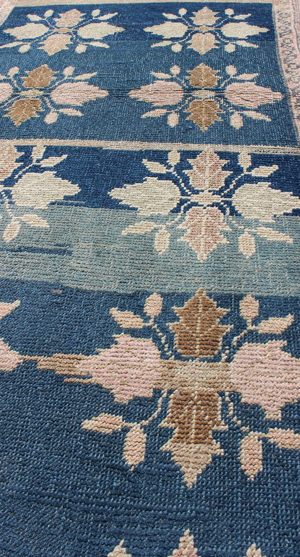 Mid-20th Century Multi-Medallion Floral Midcentury Turkish Oushak Runner in Blue and Pink