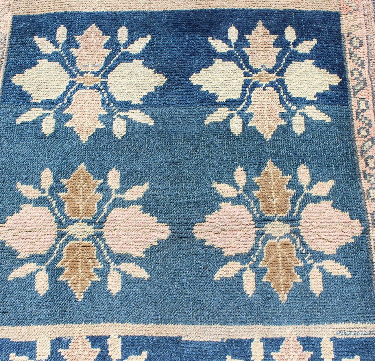 Wool Multi-Medallion Floral Midcentury Turkish Oushak Runner in Blue and Pink