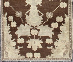 Vintage Turkish Oushak Runner with Dark Mocha Field and Soft Beige Design