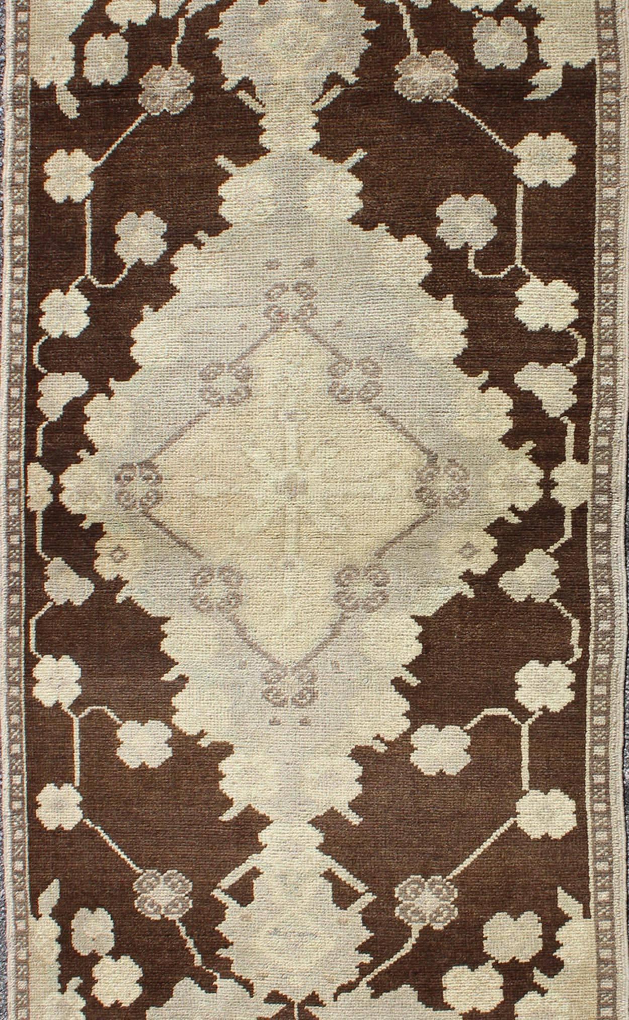 Hand-Knotted Floral Medallion Vintage Turkish Tulu Runner in Chocolate Brown, Ivory, Cream For Sale