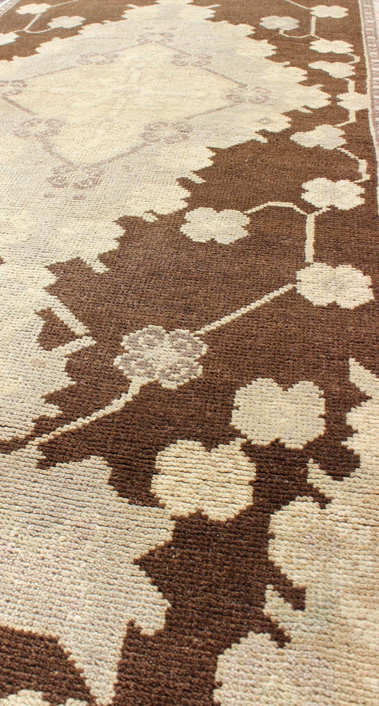Mid-20th Century Floral Medallion Vintage Turkish Tulu Runner in Chocolate Brown, Ivory, Cream For Sale