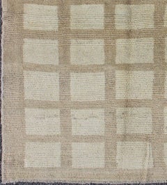 Modern-Design Antique Turkish Square Shaped Oushak Rug in Cream and Camel Colors