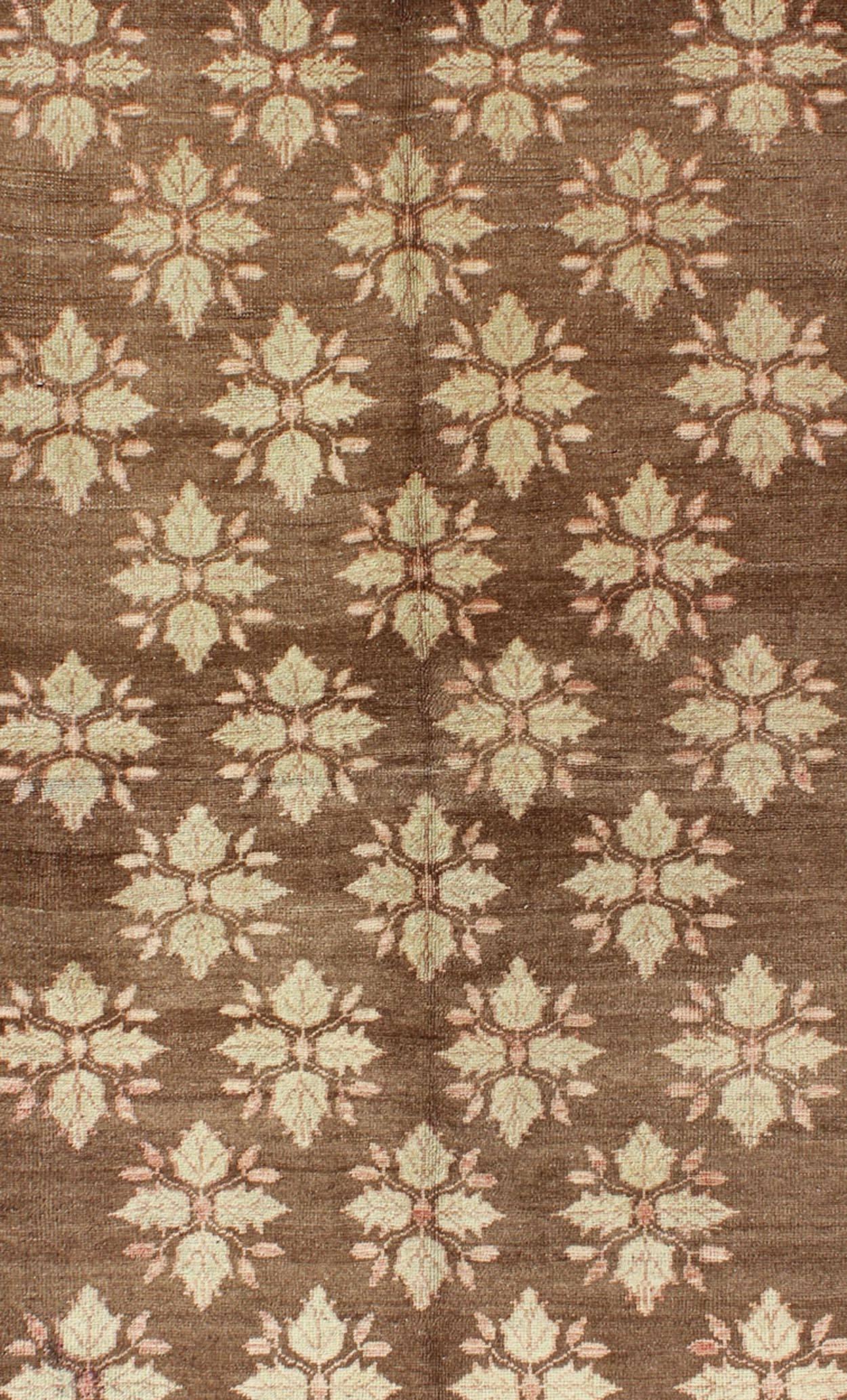 Hand-Knotted Midcentury Turkish Tulu Rug with Mini Blossom Medallions in Brown and Ivory