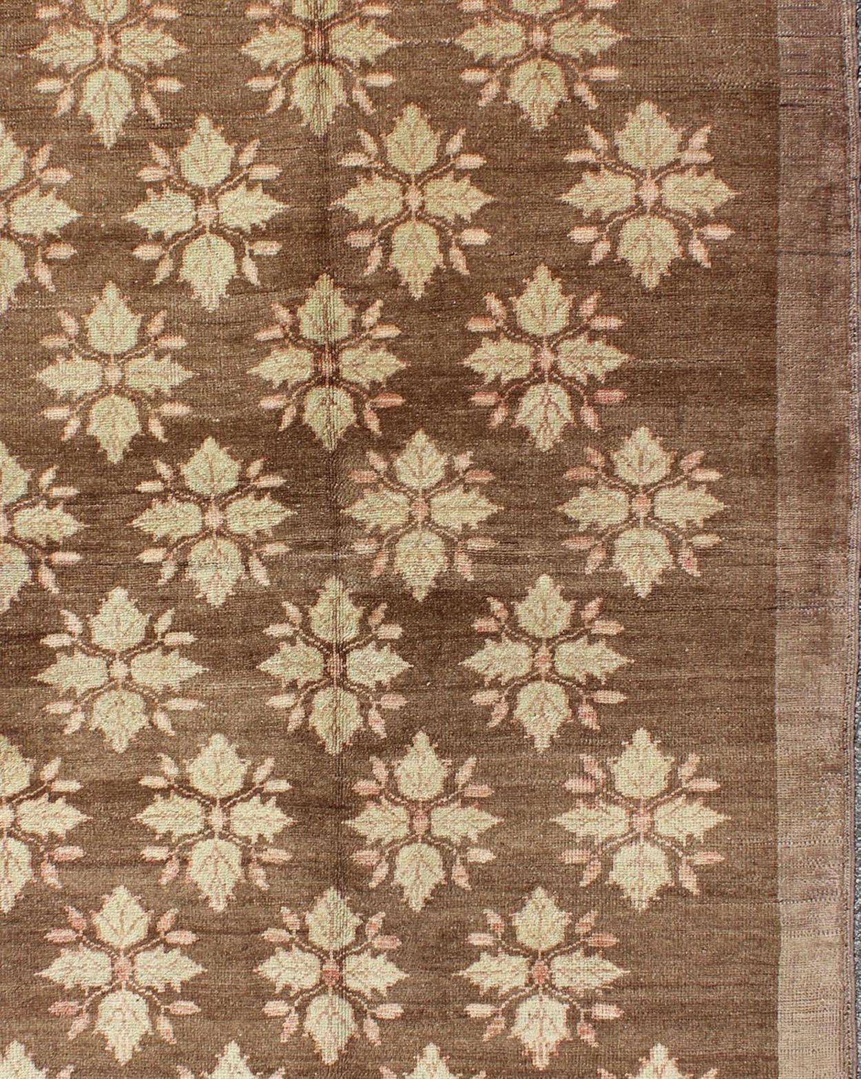 Midcentury Turkish Tulu Rug with Mini Blossom Medallions in Brown and Ivory In Excellent Condition In Atlanta, GA