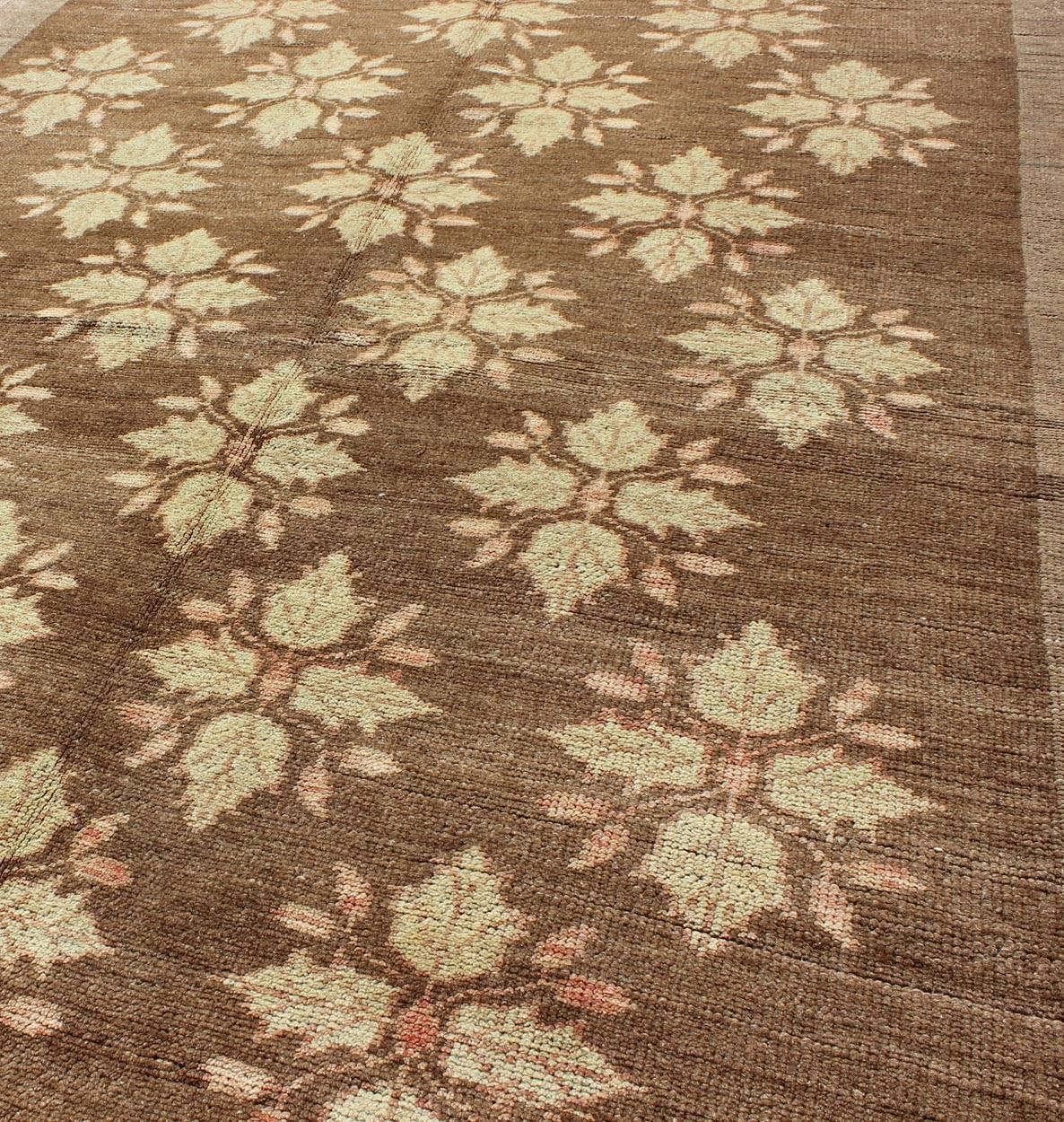 Mid-20th Century Midcentury Turkish Tulu Rug with Mini Blossom Medallions in Brown and Ivory