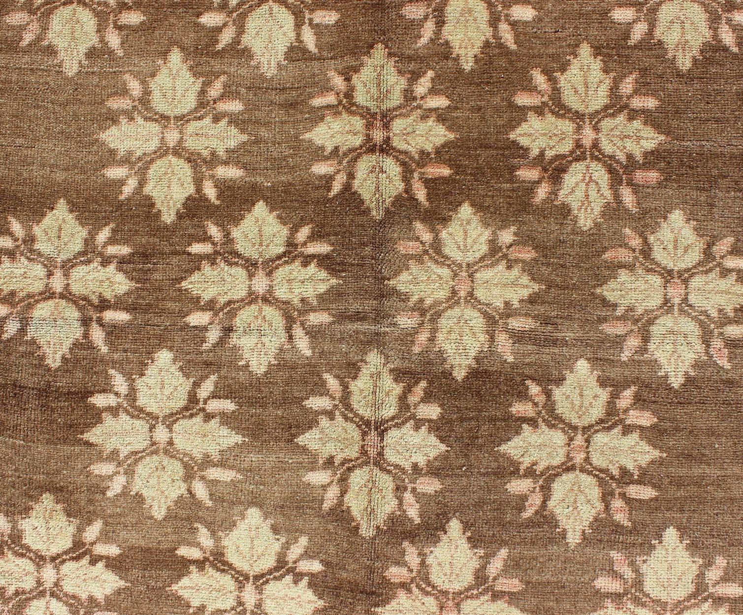 Wool Midcentury Turkish Tulu Rug with Mini Blossom Medallions in Brown and Ivory