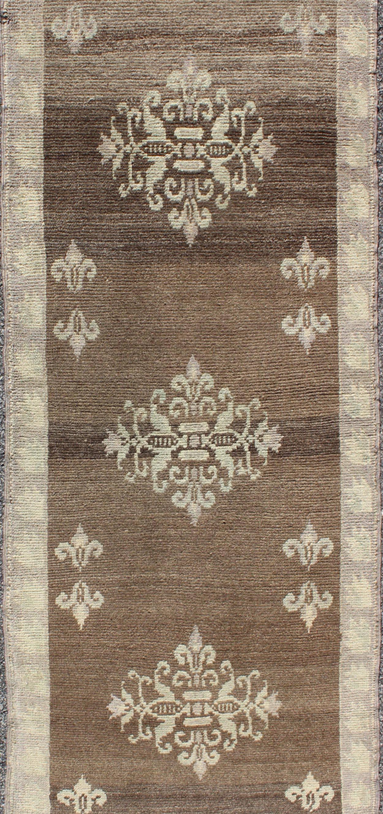 Hand-Knotted Brown Midcentury Turkish Tulu Runner with Ivory Blossoming Medallions