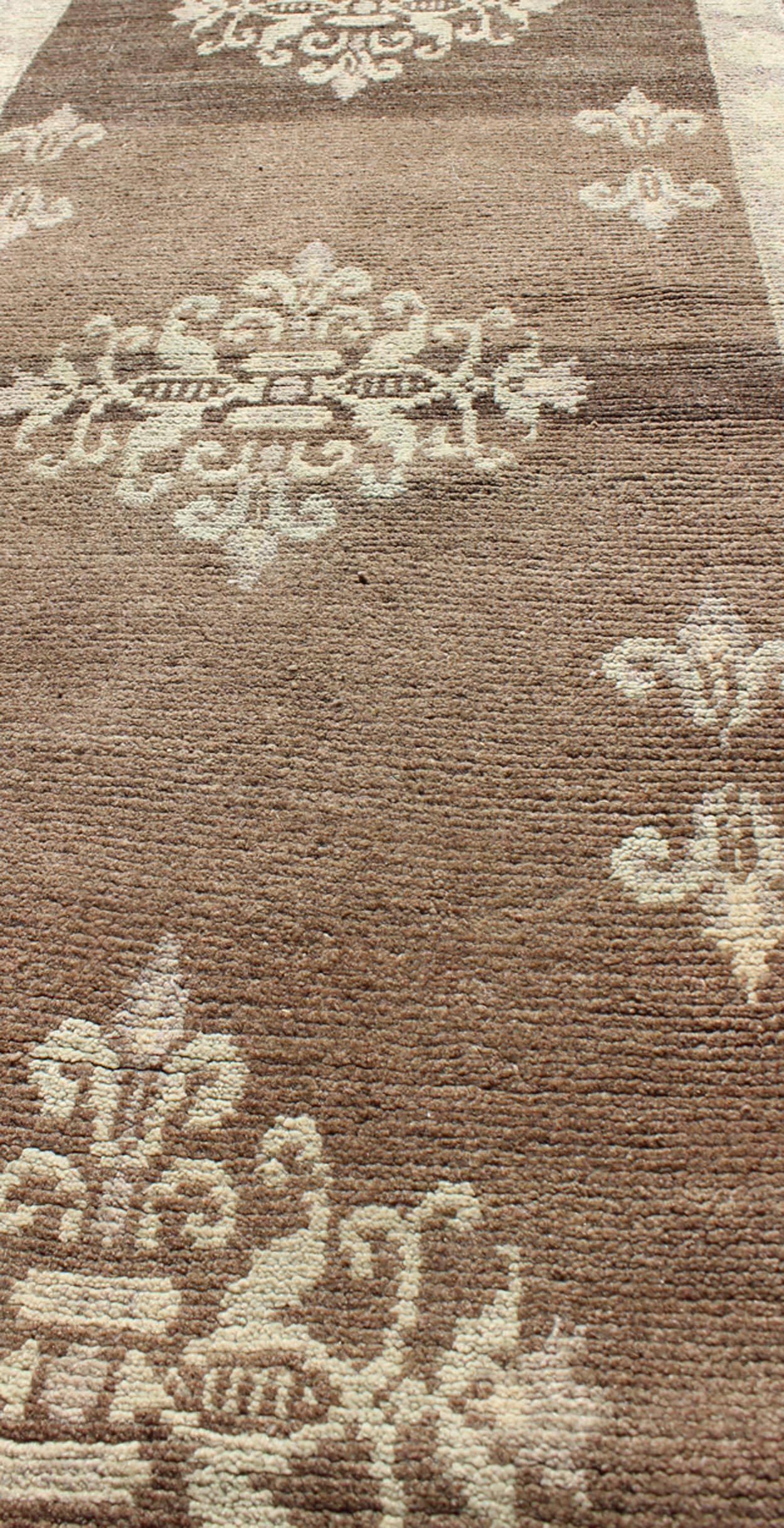 Mid-20th Century Brown Midcentury Turkish Tulu Runner with Ivory Blossoming Medallions