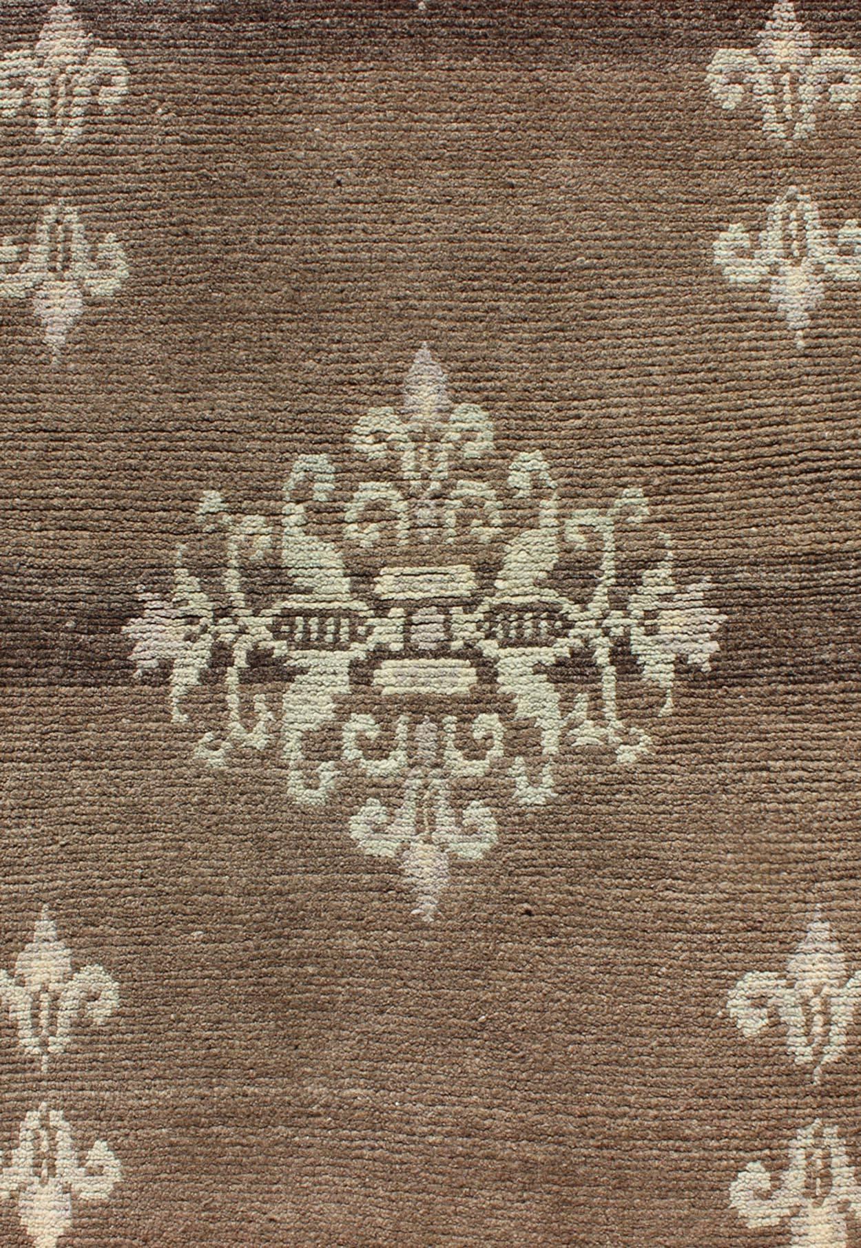 Wool Brown Midcentury Turkish Tulu Runner with Ivory Blossoming Medallions