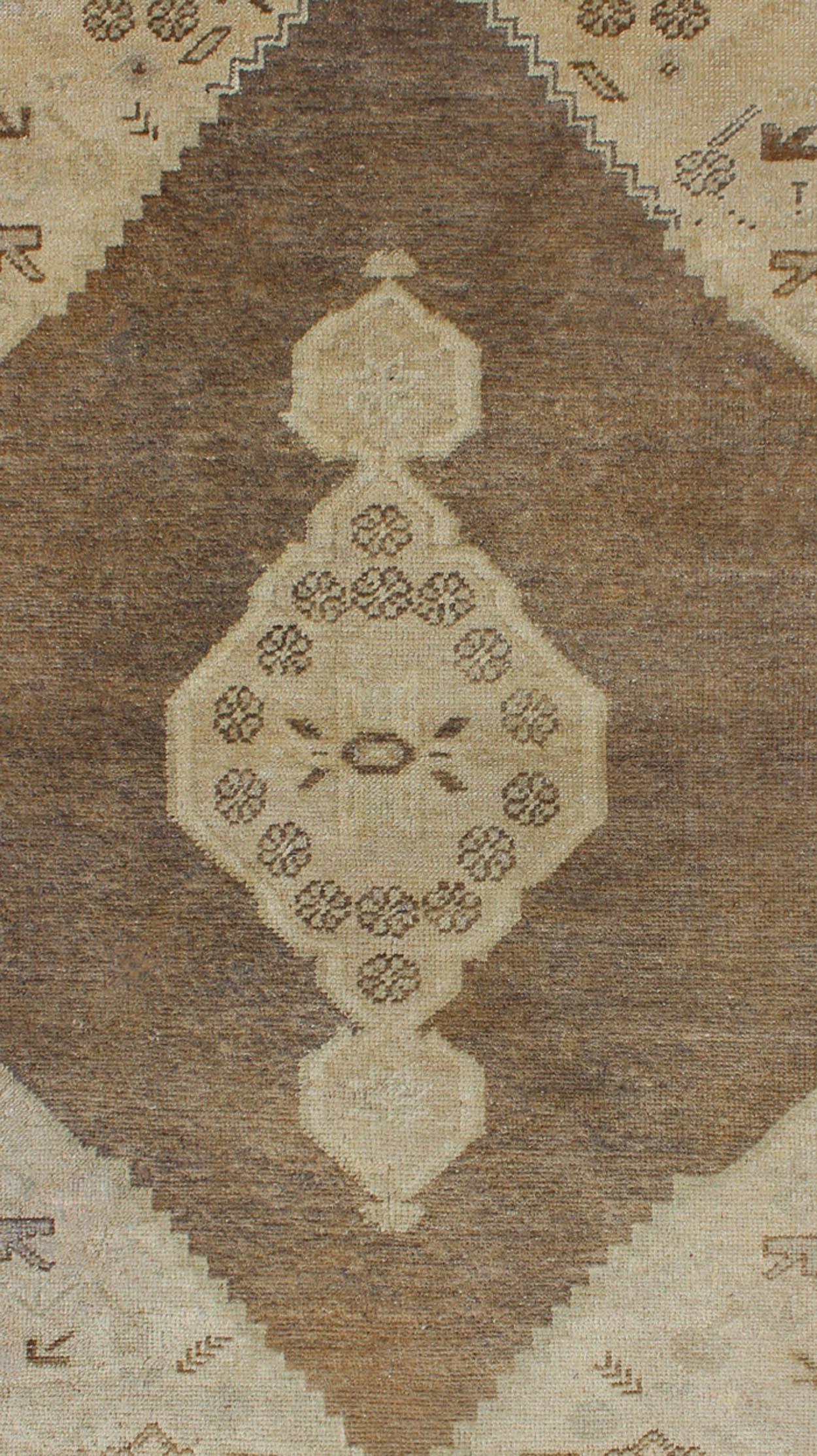 Hand-Knotted Midcentury Turkish Oushak Rug with Medallion and Cornices in Brown and Taupe
