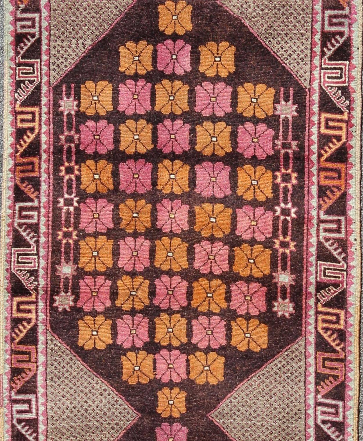Hand-Knotted Medallion Vintage Turkish Oushak Runner in Chocolate Brown, Orange and Pink For Sale