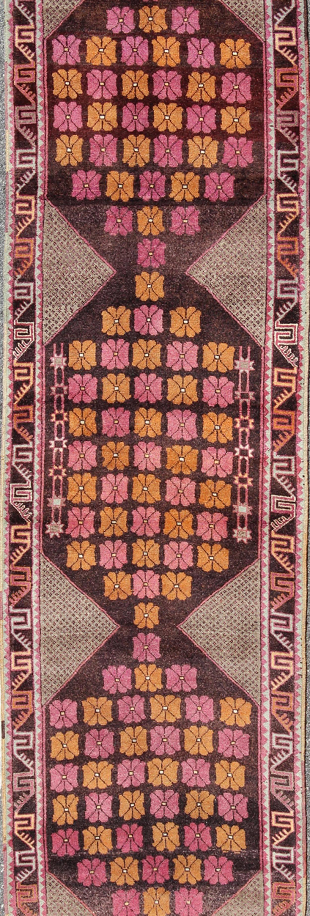 Medallion Vintage Turkish Oushak Runner in Chocolate Brown, Orange and Pink In Excellent Condition For Sale In Atlanta, GA