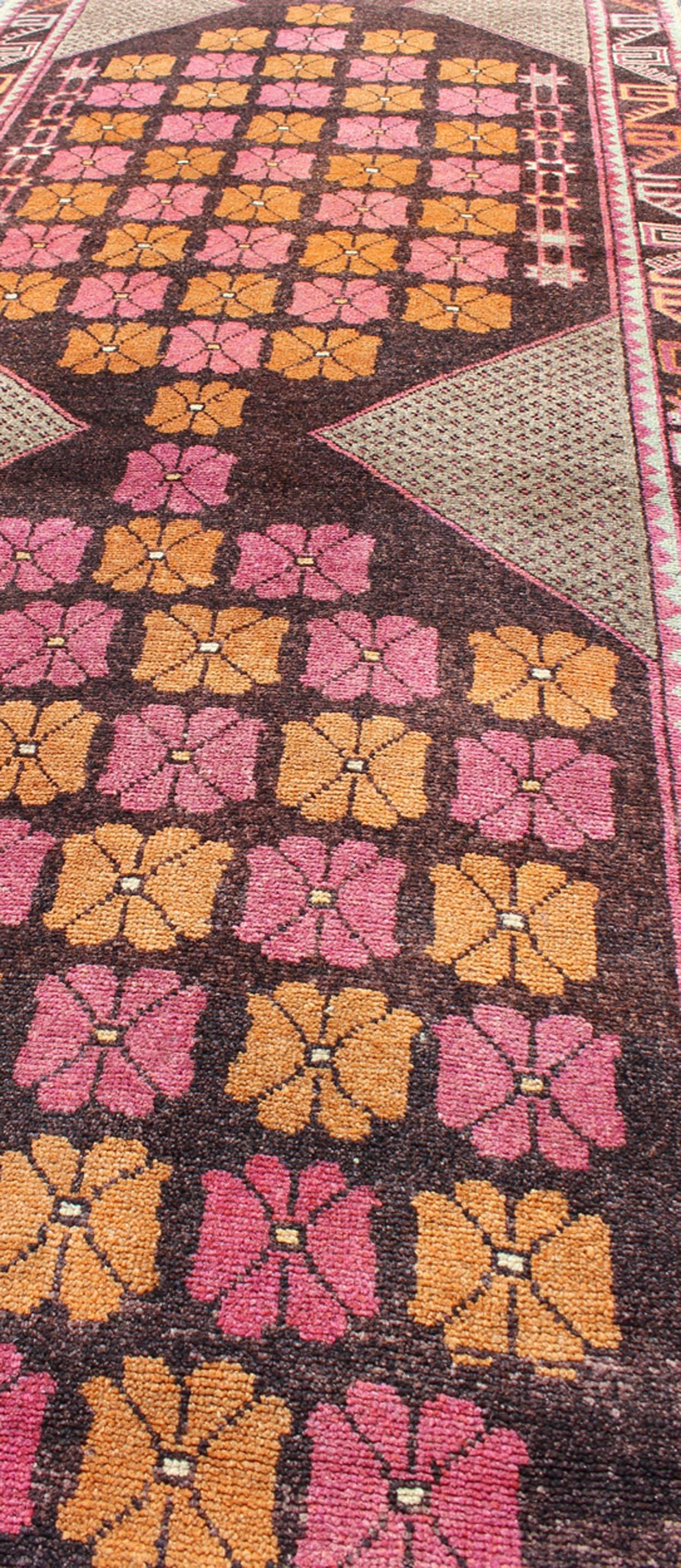 Mid-20th Century Medallion Vintage Turkish Oushak Runner in Chocolate Brown, Orange and Pink For Sale