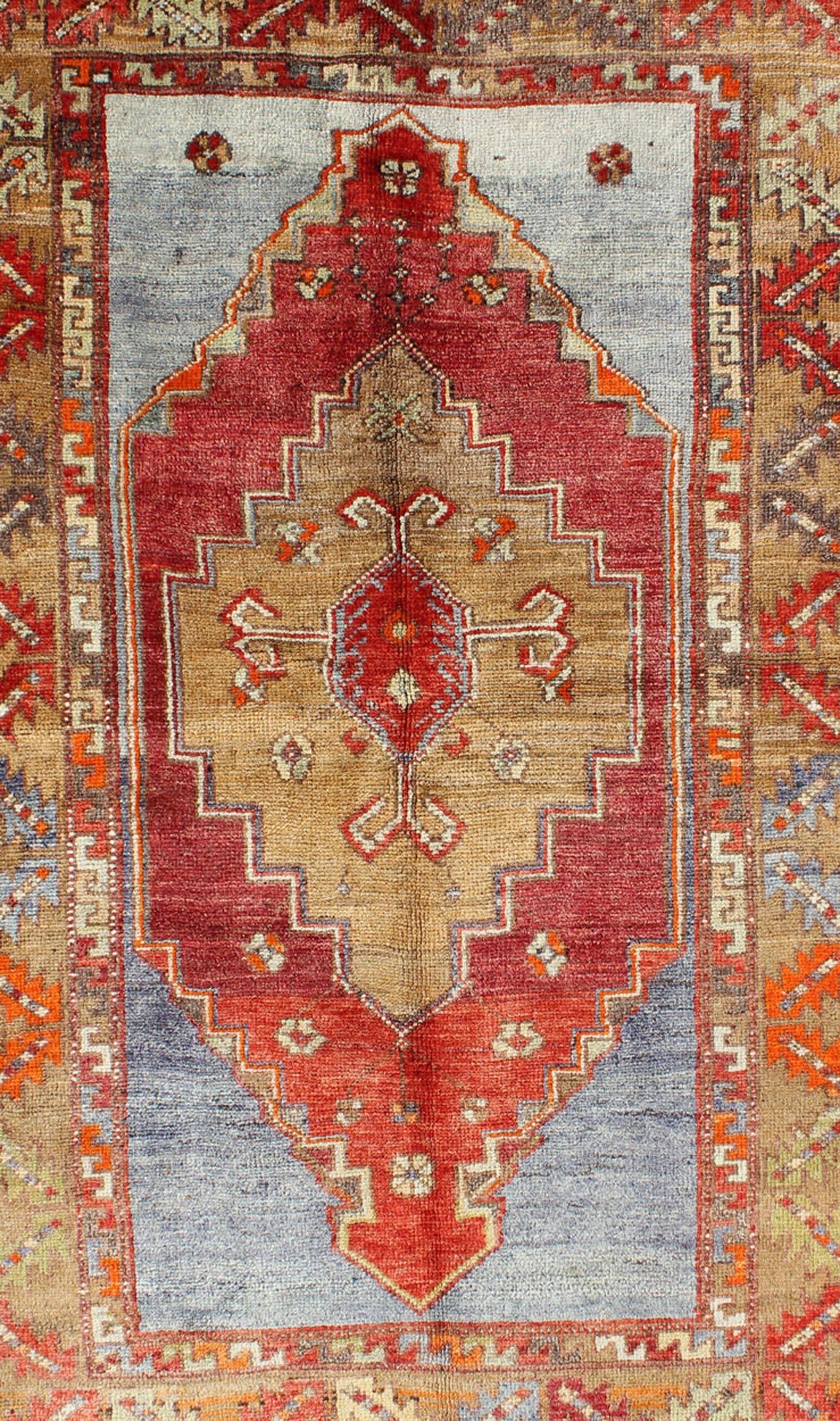 Hand-Knotted Multicolored Vintage Turkish Oushak Rug in Red, Blue and Soft Orange Colors