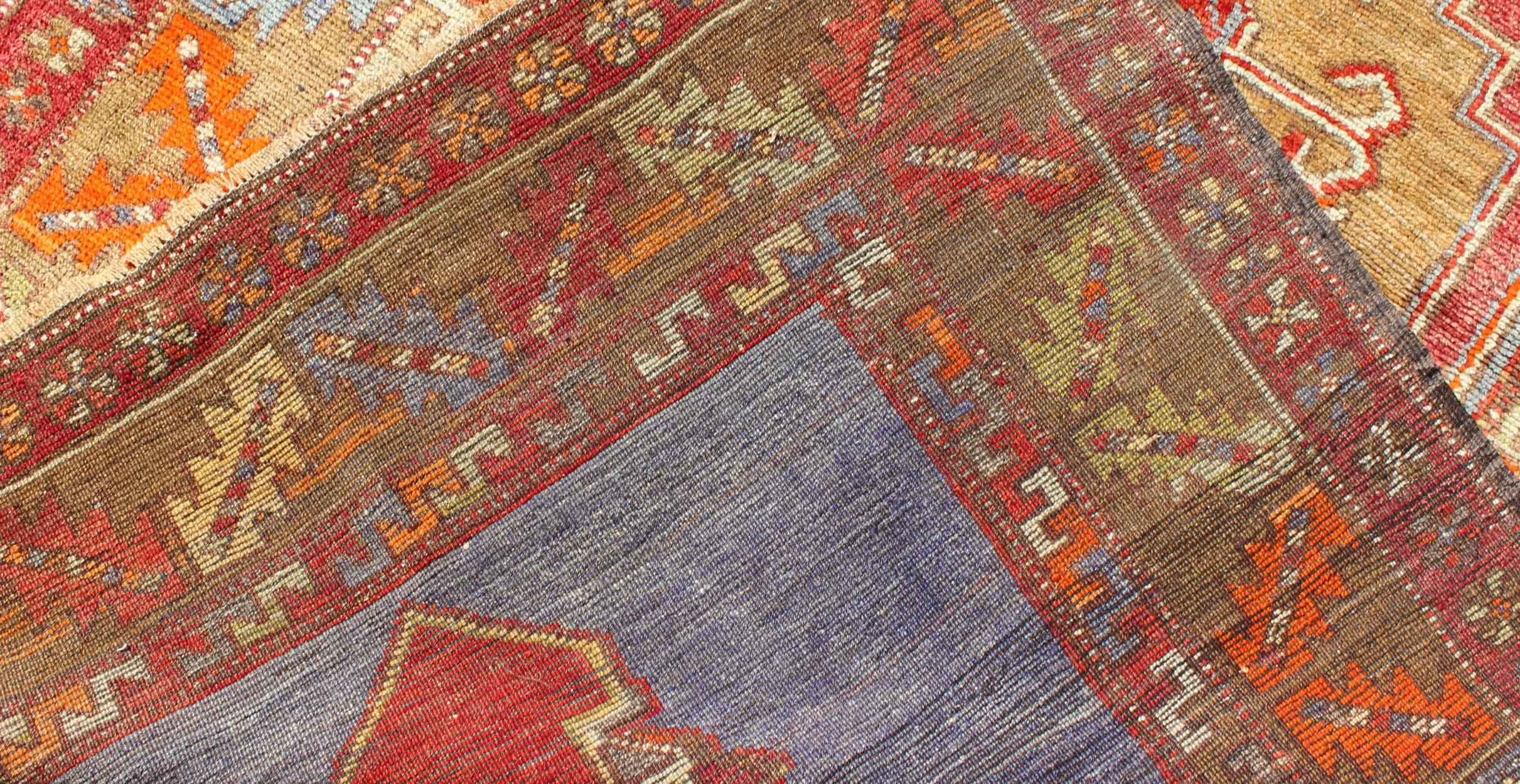 Wool Multicolored Vintage Turkish Oushak Rug in Red, Blue and Soft Orange Colors