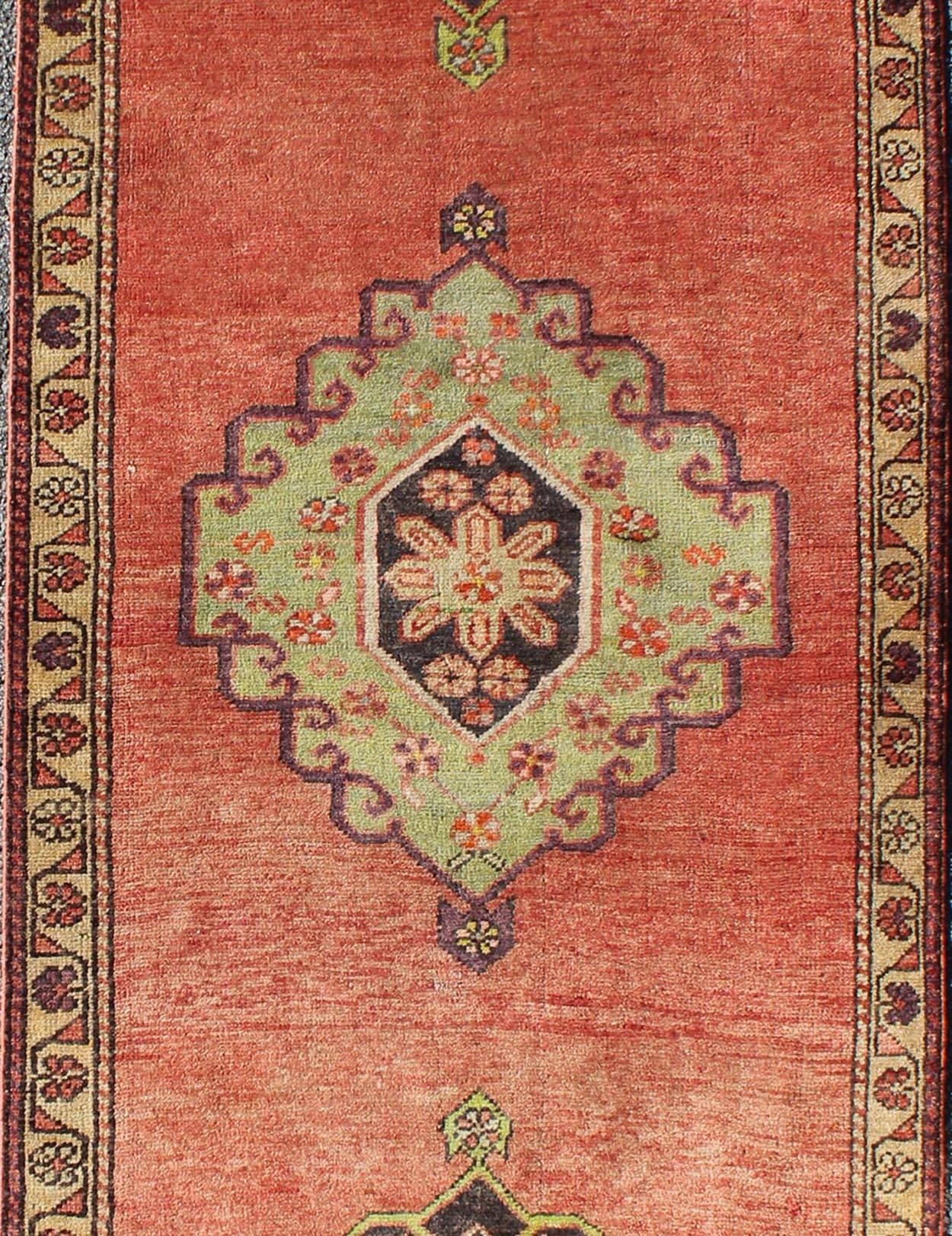 Hand-Knotted Orange Multi-Medallion Vintage Turkish Oushak Runner with Sub-Geometric Florals For Sale
