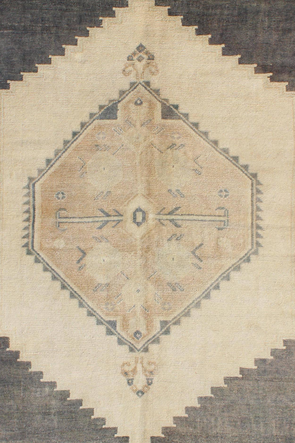 Hand-Knotted Charcoal, Grey and Cream Vintage Turkish Oushak Rug with Tribal Medallion