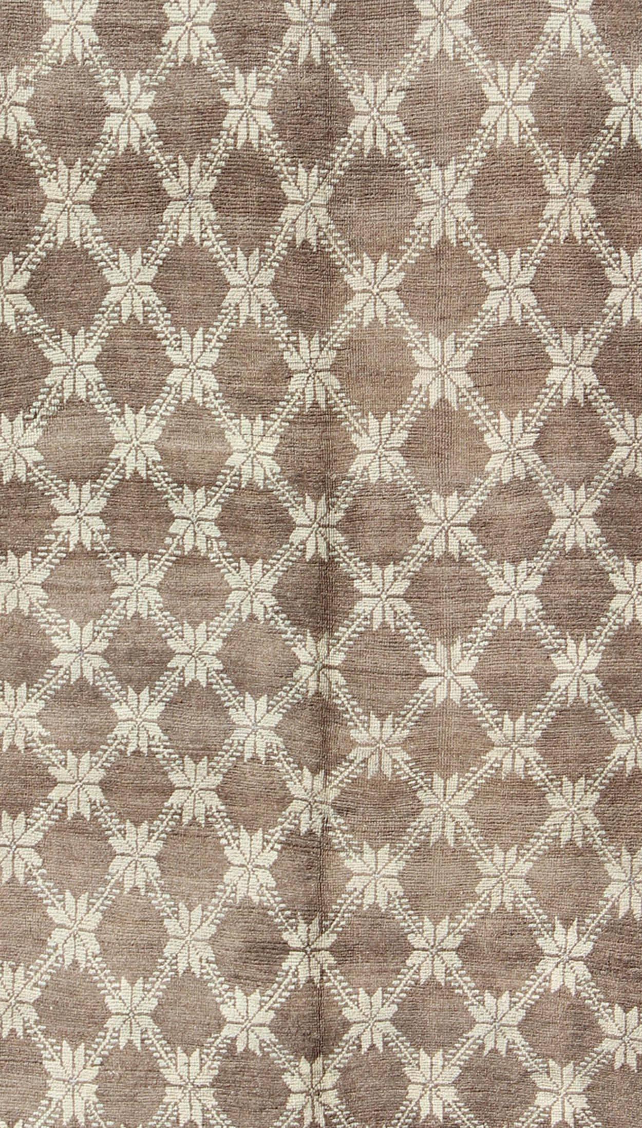 Hand-Knotted Vintage Turkish Oushak Runner with Cream Blossoms and Latticework Design