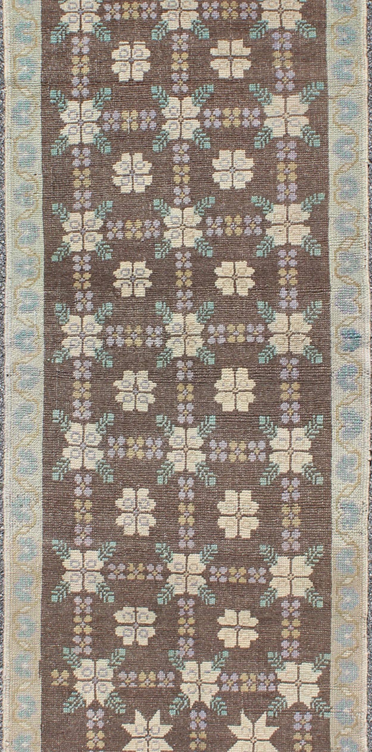 Hand-Knotted Vintage Turkish Oushak Runner with Gray and Cream Flower Latticework Design