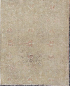 All-Over Floral Vintage Turkish Oushak Runner in Ivory with Salmon and Taupe