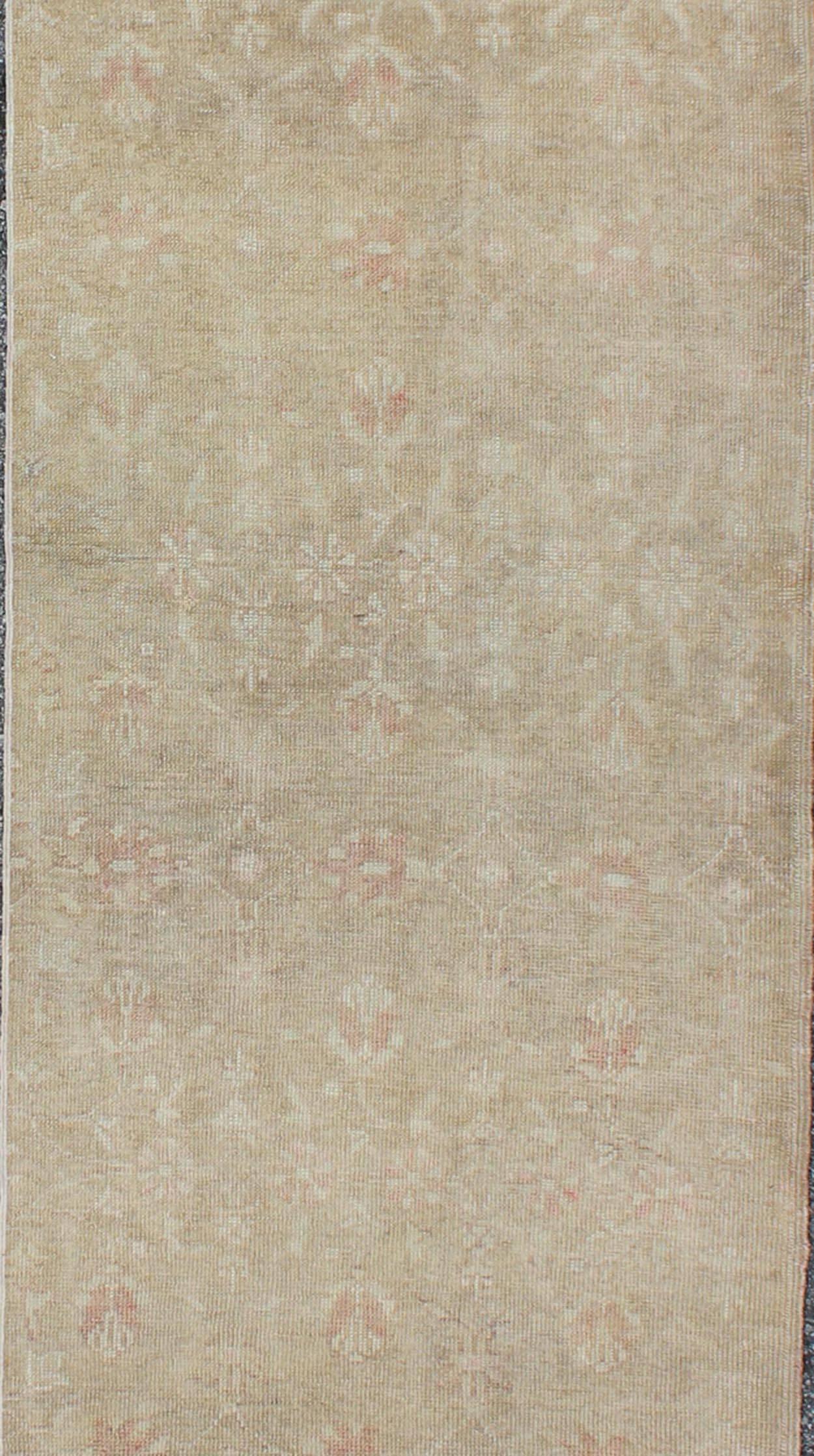 Hand-Knotted All-Over Floral Vintage Turkish Oushak Runner in Ivory with Salmon and Taupe For Sale
