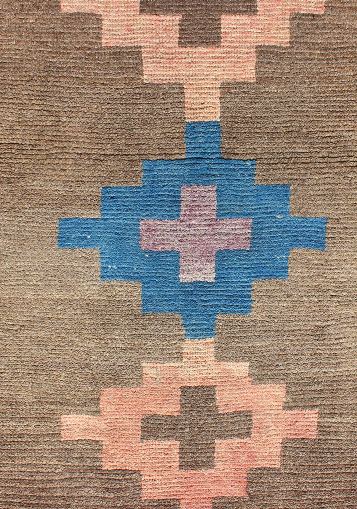 Vintage Turkish Tulu Runner with Tribal Design in Light Pink, Blue and Lavender In Excellent Condition For Sale In Atlanta, GA