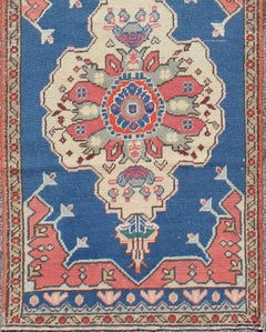 Grand Dual Medallion Oushak Vintage Runner from Turkey in Red and Blue
