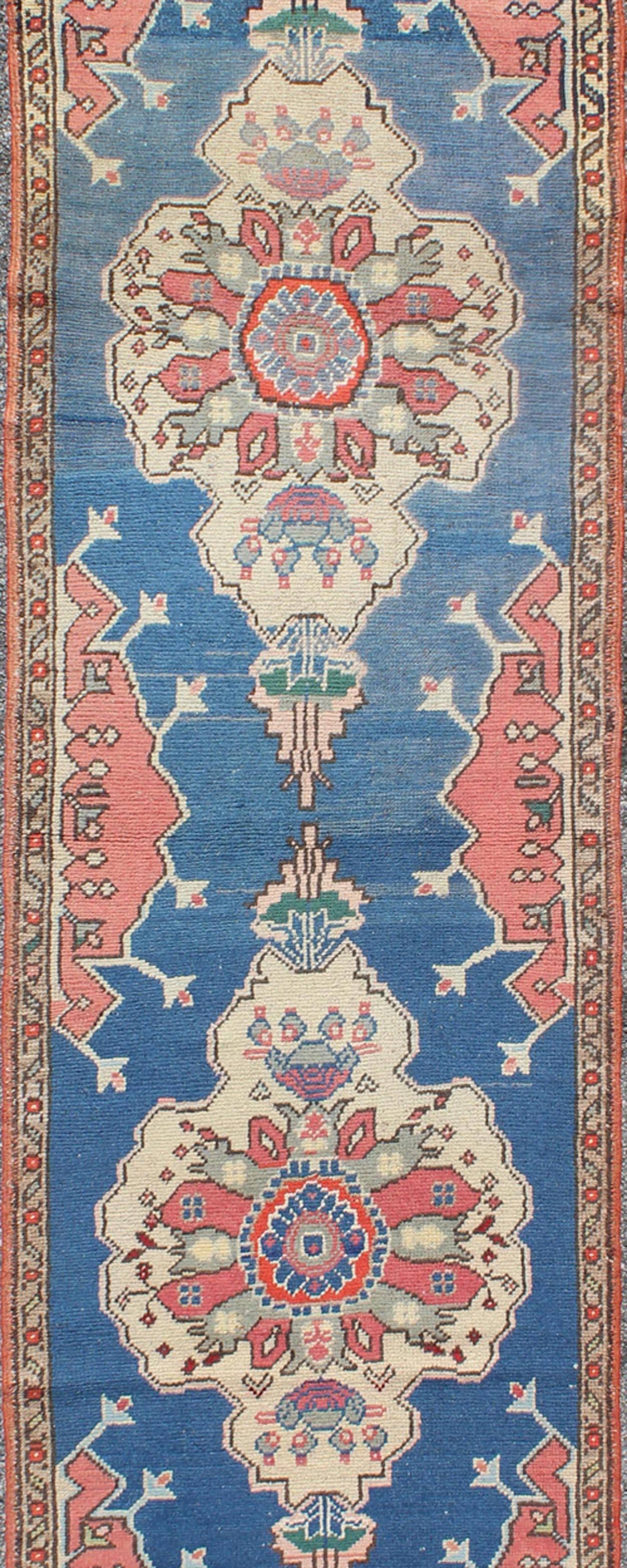 Turkish Grand Dual Medallion Oushak Vintage Runner from Turkey in Red and Blue For Sale