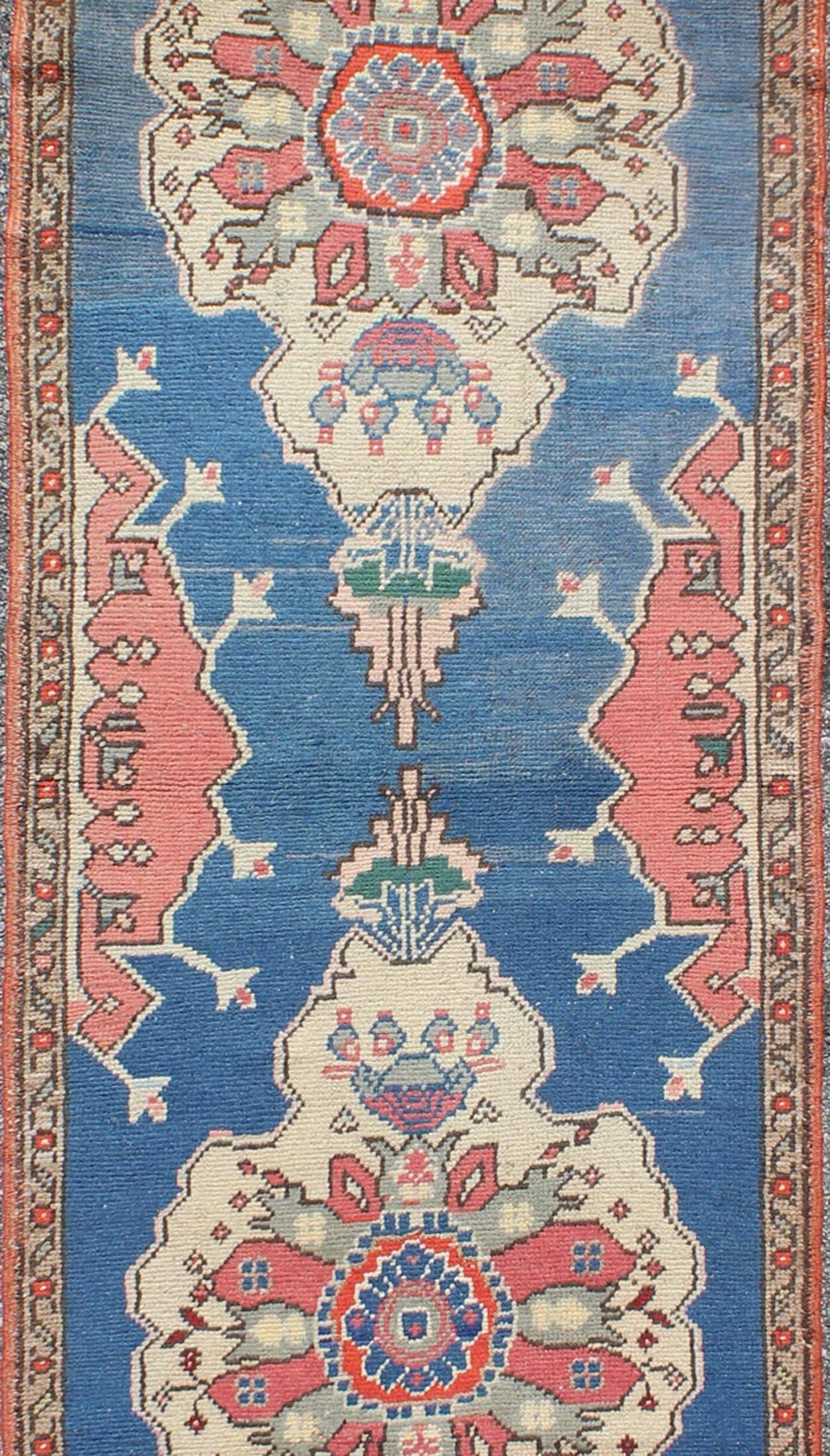 Hand-Knotted Grand Dual Medallion Oushak Vintage Runner from Turkey in Red and Blue For Sale